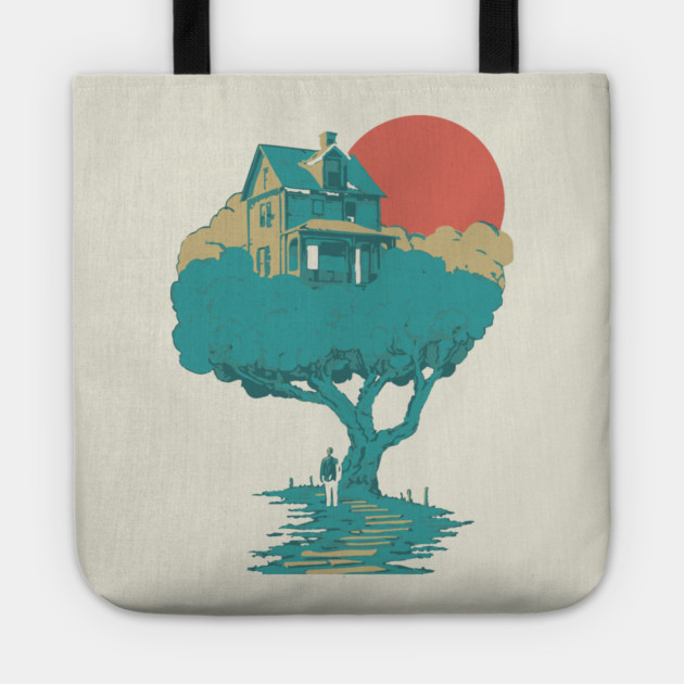 Floating Dream House Tree - Surreal and Whimsical Landscape Tote by TuncGK