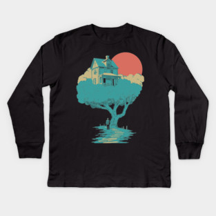 Floating Dream House Tree - Surreal and Whimsical Landscape Kids Long Sleeve T-Shirt