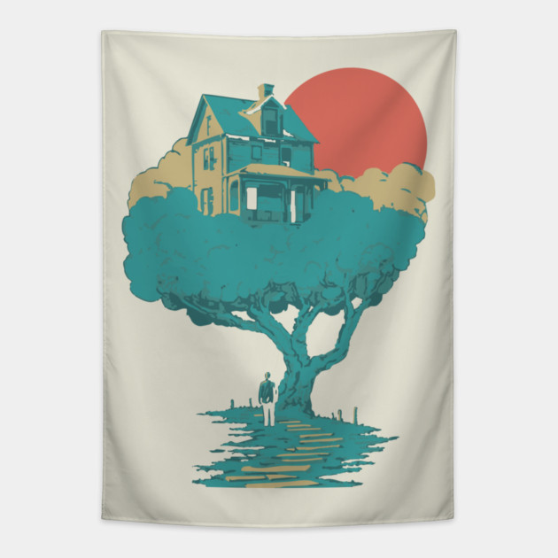 Floating Dream House Tree - Surreal and Whimsical Landscape Tapestry by TuncGK