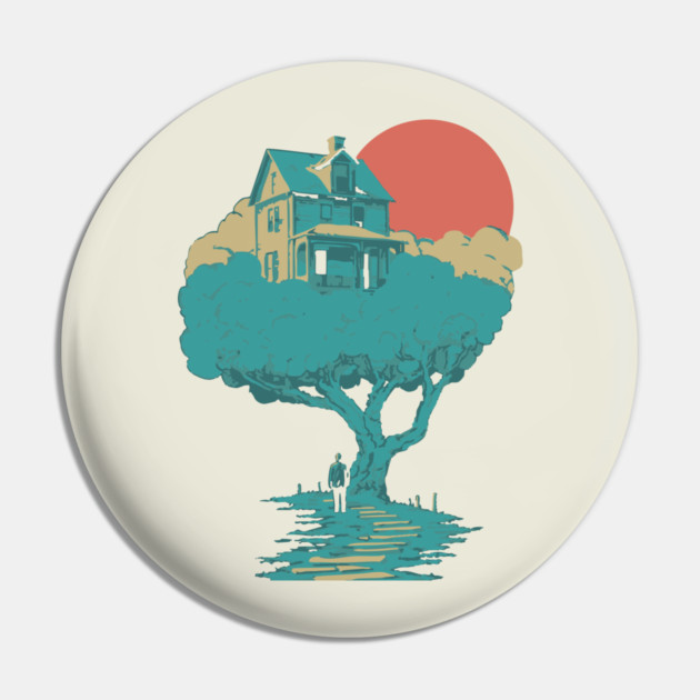 Floating Dream House Tree - Surreal and Whimsical Landscape Pin by TuncGK