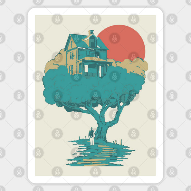 Floating Dream House Tree - Surreal and Whimsical Landscape Sticker by TuncGK