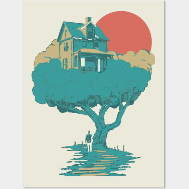 Floating Dream House Tree - Surreal and Whimsical Landscape Wall Art by TuncGK