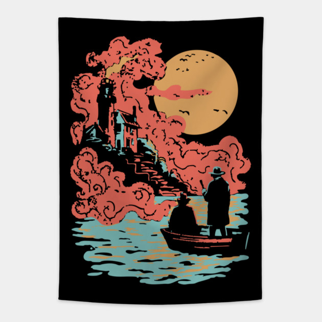 Journey to the Lighthouse - Vintage Nautical Adventure Art Tapestry by TuncGK