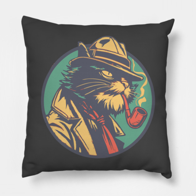 Feline Noir Detective - Vintage Private Eye Cat Illustration Pillow by TuncGK