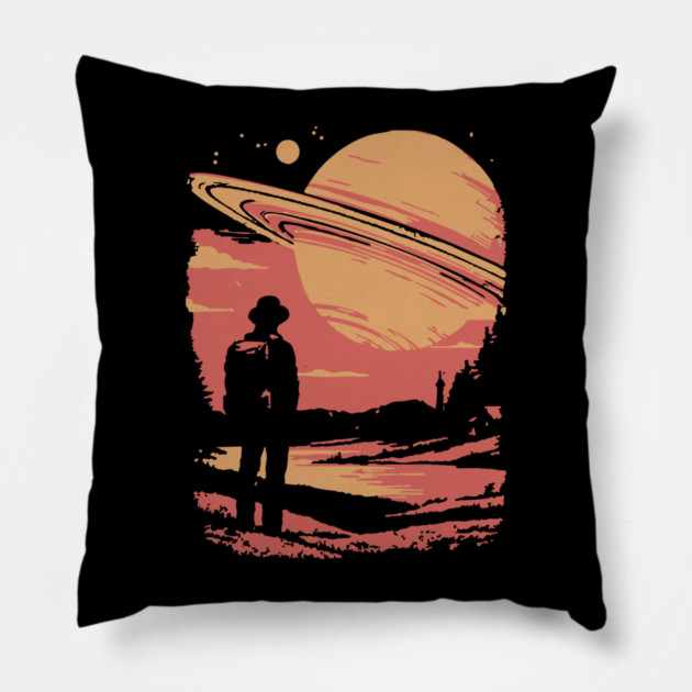 Cosmic Explorer Before Saturn - 70s Retro Sci-Fi Art Pillow by TuncGK
