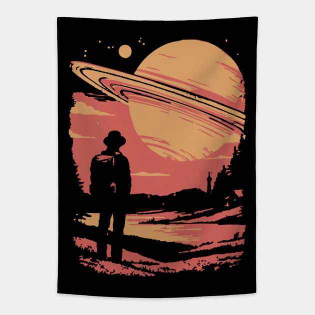 Cosmic Explorer Before Saturn - 70s Retro Sci-Fi Art Tapestry by TuncGK