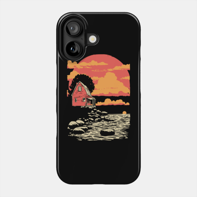 Solitary Log Cabin Keeper's Cottage - Retro Coastal Landscape Phone Case by TuncGK