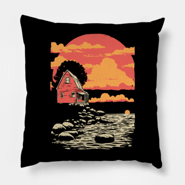 Solitary Log Cabin Keeper's Cottage - Retro Coastal Landscape Pillow by TuncGK