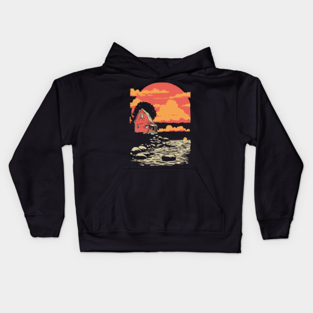 Solitary Log Cabin Keeper's Cottage - Retro Coastal Landscape Kids Hoodie by TuncGK