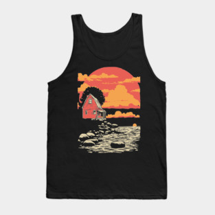 Solitary Log Cabin Keeper's Cottage - Retro Coastal Landscape Tank Top