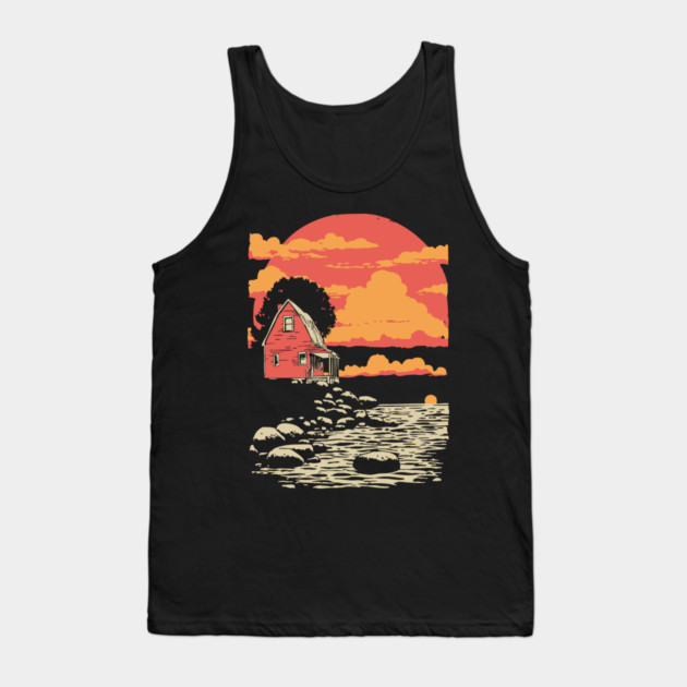 Solitary Log Cabin Keeper's Cottage - Retro Coastal Landscape Tank Top by TuncGK