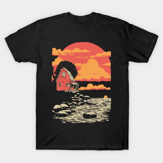 Solitary Log Cabin Keeper's Cottage - Retro Coastal Landscape T-Shirt by TuncGK