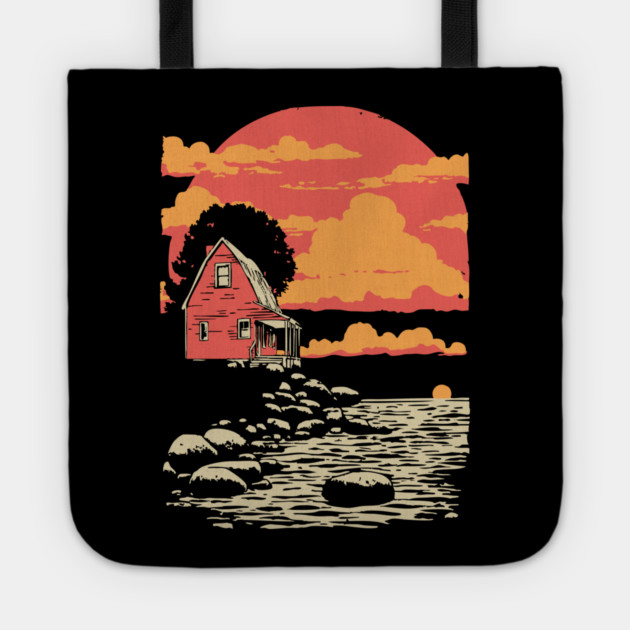 Solitary Log Cabin Keeper's Cottage - Retro Coastal Landscape Tote by TuncGK