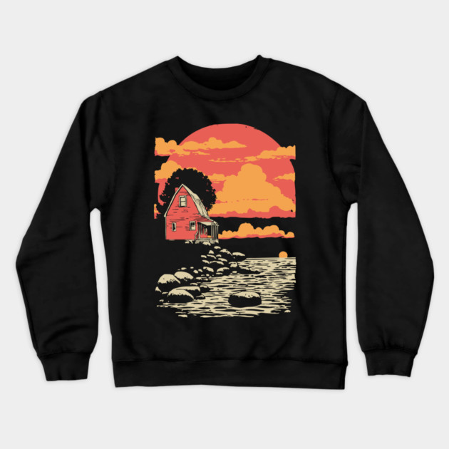 Solitary Log Cabin Keeper's Cottage - Retro Coastal Landscape Crewneck Sweatshirt by TuncGK