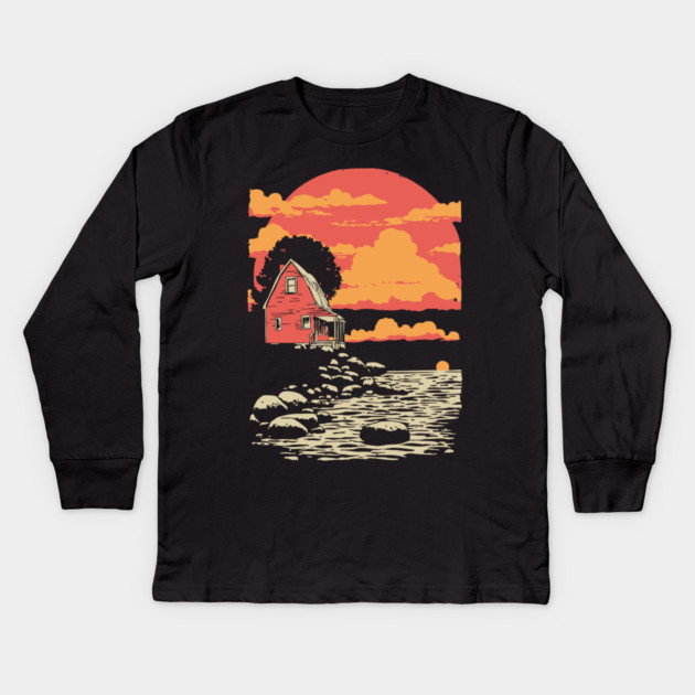 Solitary Log Cabin Keeper's Cottage - Retro Coastal Landscape Kids Long Sleeve T-Shirt by TuncGK