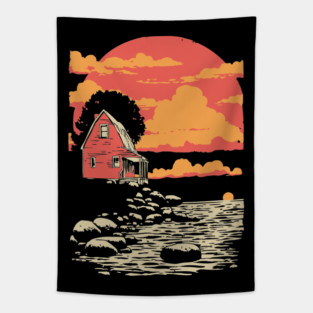 Solitary Log Cabin Keeper's Cottage - Retro Coastal Landscape Tapestry