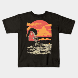 Solitary Log Cabin Keeper's Cottage - Retro Coastal Landscape Kids T-Shirt