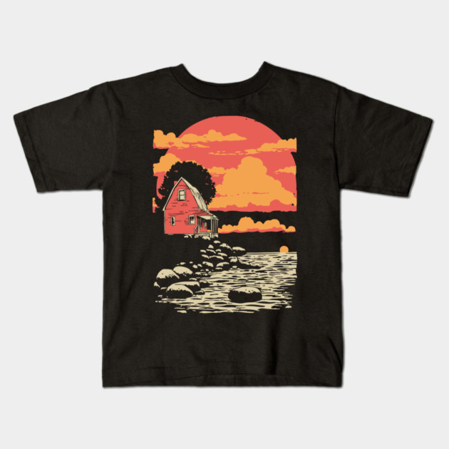 Solitary Log Cabin Keeper's Cottage - Retro Coastal Landscape Kids T-Shirt by TuncGK