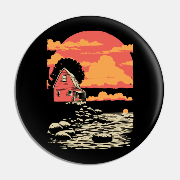 Solitary Log Cabin Keeper's Cottage - Retro Coastal Landscape Pin by TuncGK