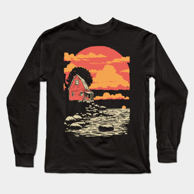 Solitary Log Cabin Keeper's Cottage - Retro Coastal Landscape Long Sleeve T-Shirt by TuncGK