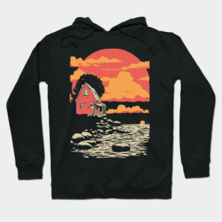 Solitary Log Cabin Keeper's Cottage - Retro Coastal Landscape Hoodie