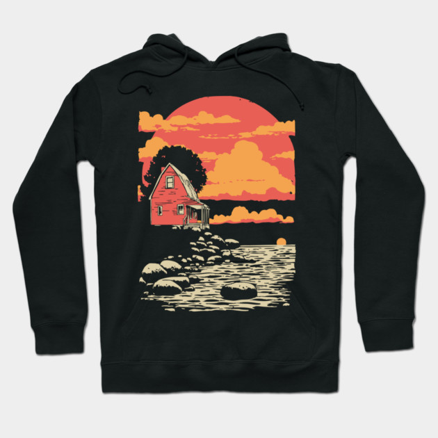 Solitary Log Cabin Keeper's Cottage - Retro Coastal Landscape Hoodie by TuncGK