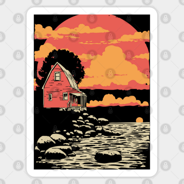 Solitary Log Cabin Keeper's Cottage - Retro Coastal Landscape Sticker by TuncGK