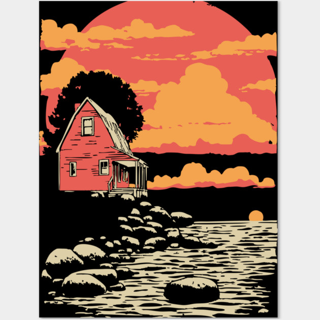 Solitary Log Cabin Keeper's Cottage - Retro Coastal Landscape Wall Art by TuncGK