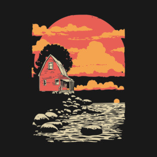 Solitary Log Cabin Keeper's Cottage - Retro Coastal Landscape T-Shirt