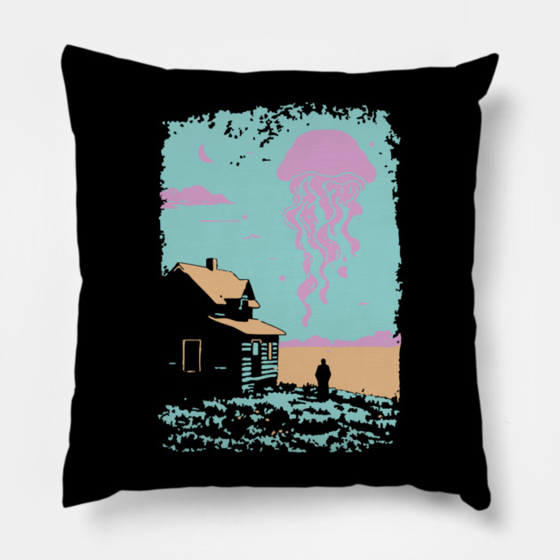 The Celestial Jellyfish Visitor - Surreal Coastal Dreamscape Pillow by TuncGK