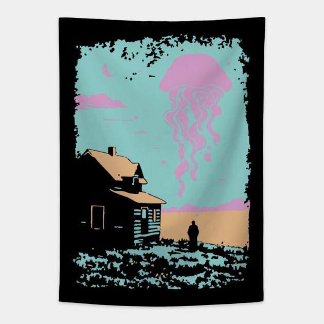 The Celestial Jellyfish Visitor - Surreal Coastal Dreamscape Tapestry by TuncGK