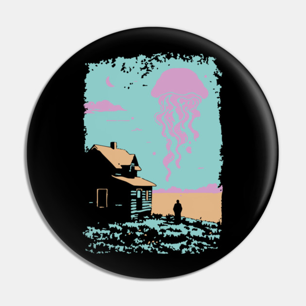 The Celestial Jellyfish Visitor - Surreal Coastal Dreamscape Pin by TuncGK