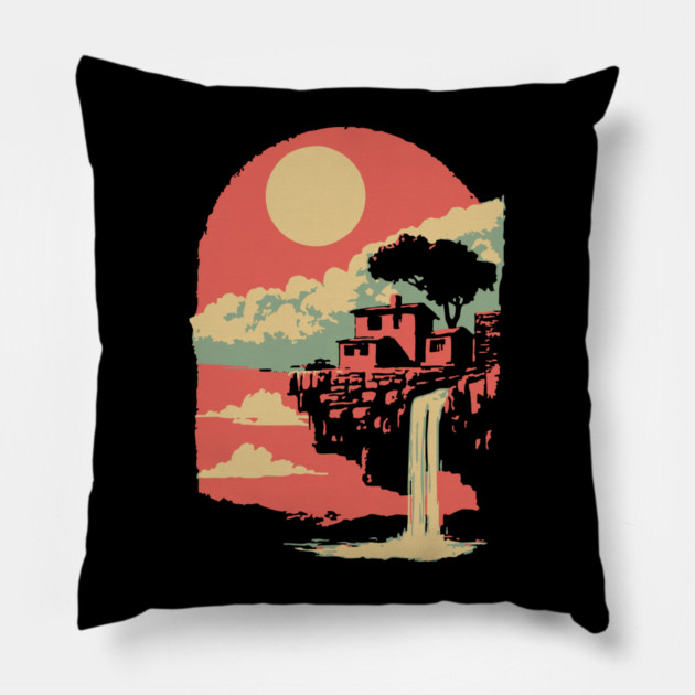 Cliffside Sanctuary at World's End - Surreal Waterfall Landscape Pillow by TuncGK
