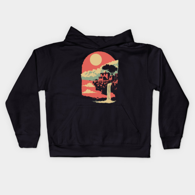 Cliffside Sanctuary at World's End - Surreal Waterfall Landscape Kids Hoodie by TuncGK