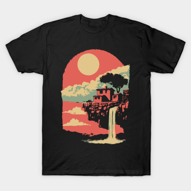 Cliffside Sanctuary at World's End - Surreal Waterfall Landscape T-Shirt by TuncGK