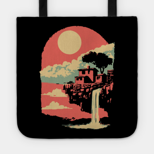 Cliffside Sanctuary at World's End - Surreal Waterfall Landscape Tote by TuncGK