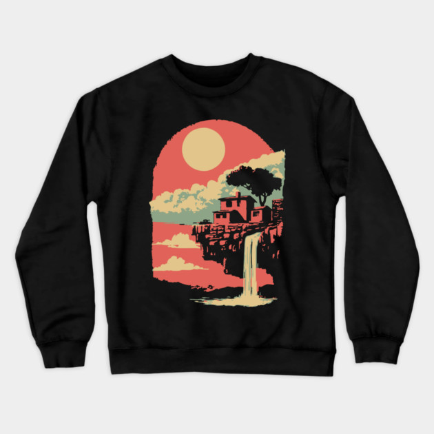 Cliffside Sanctuary at World's End - Surreal Waterfall Landscape Crewneck Sweatshirt by TuncGK