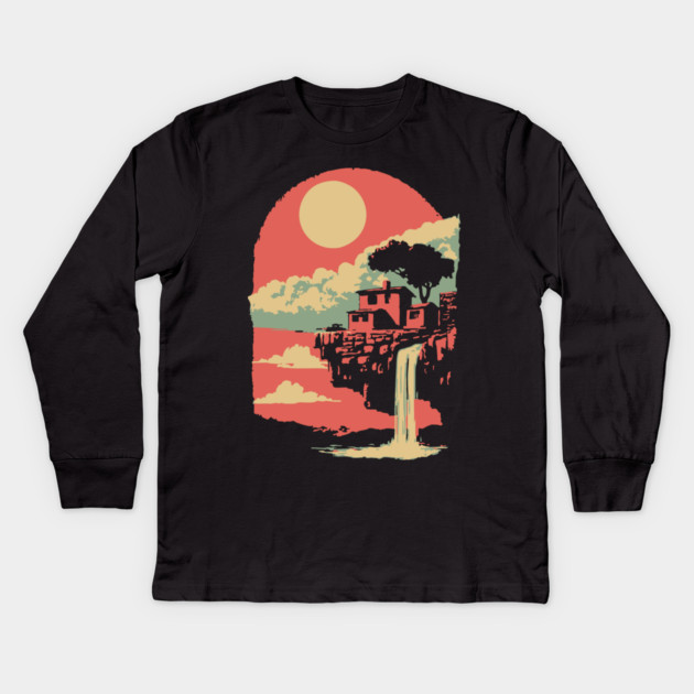 Cliffside Sanctuary at World's End - Surreal Waterfall Landscape Kids Long Sleeve T-Shirt by TuncGK