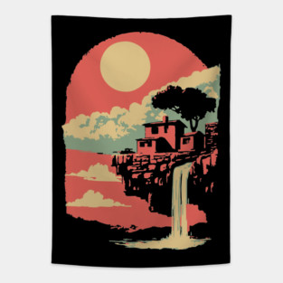 Cliffside Sanctuary at World's End - Surreal Waterfall Landscape Tapestry