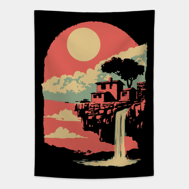 Cliffside Sanctuary at World's End - Surreal Waterfall Landscape Tapestry by TuncGK