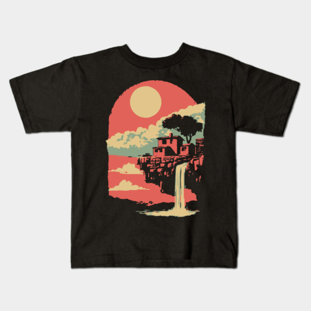 Cliffside Sanctuary at World's End - Surreal Waterfall Landscape Kids T-Shirt by TuncGK