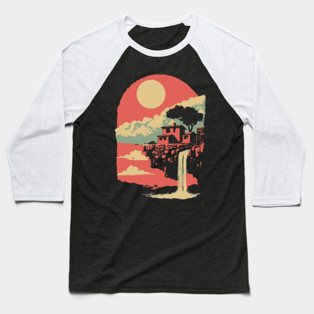 Cliffside Sanctuary at World's End - Surreal Waterfall Landscape Baseball T-Shirt by TuncGK