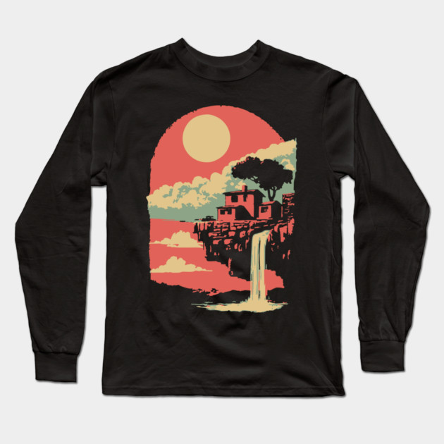 Cliffside Sanctuary at World's End - Surreal Waterfall Landscape Long Sleeve T-Shirt by TuncGK