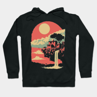 Cliffside Sanctuary at World's End - Surreal Waterfall Landscape Hoodie