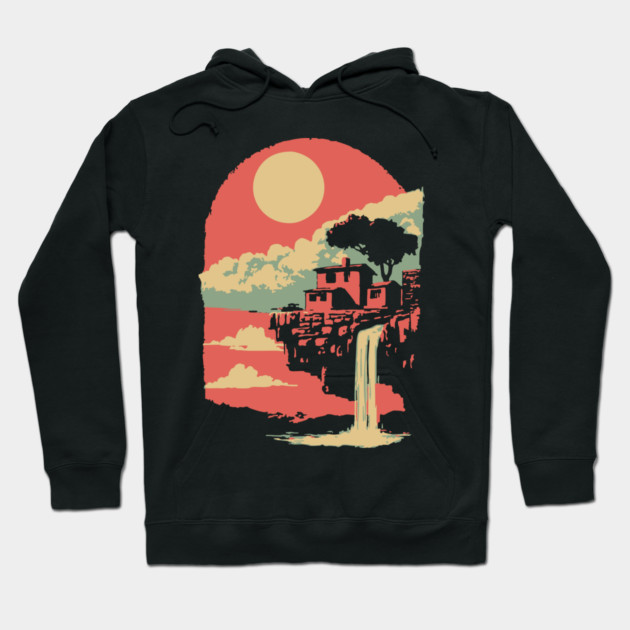 Cliffside Sanctuary at World's End - Surreal Waterfall Landscape Hoodie by TuncGK