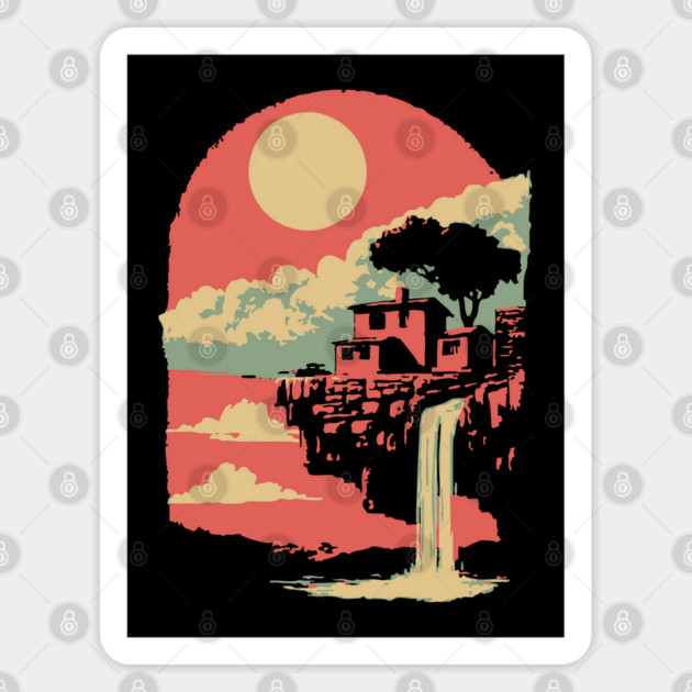 Cliffside Sanctuary at World's End - Surreal Waterfall Landscape Sticker by TuncGK