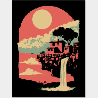 Cliffside Sanctuary at World's End - Surreal Waterfall Landscape Posters and Art