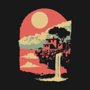 Cliffside Sanctuary at World's End - Surreal Waterfall Landscape T-Shirt
