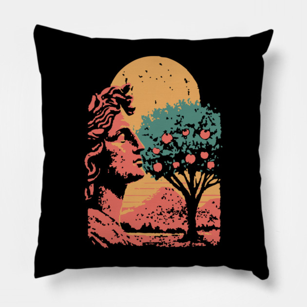 Contemplative Woman in Orange Grove - Retro Art Nouveau Illustration Pillow by TuncGK