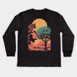 Contemplative Woman in Orange Grove - Retro Art Nouveau Illustration Kids Long Sleeve T-Shirt
